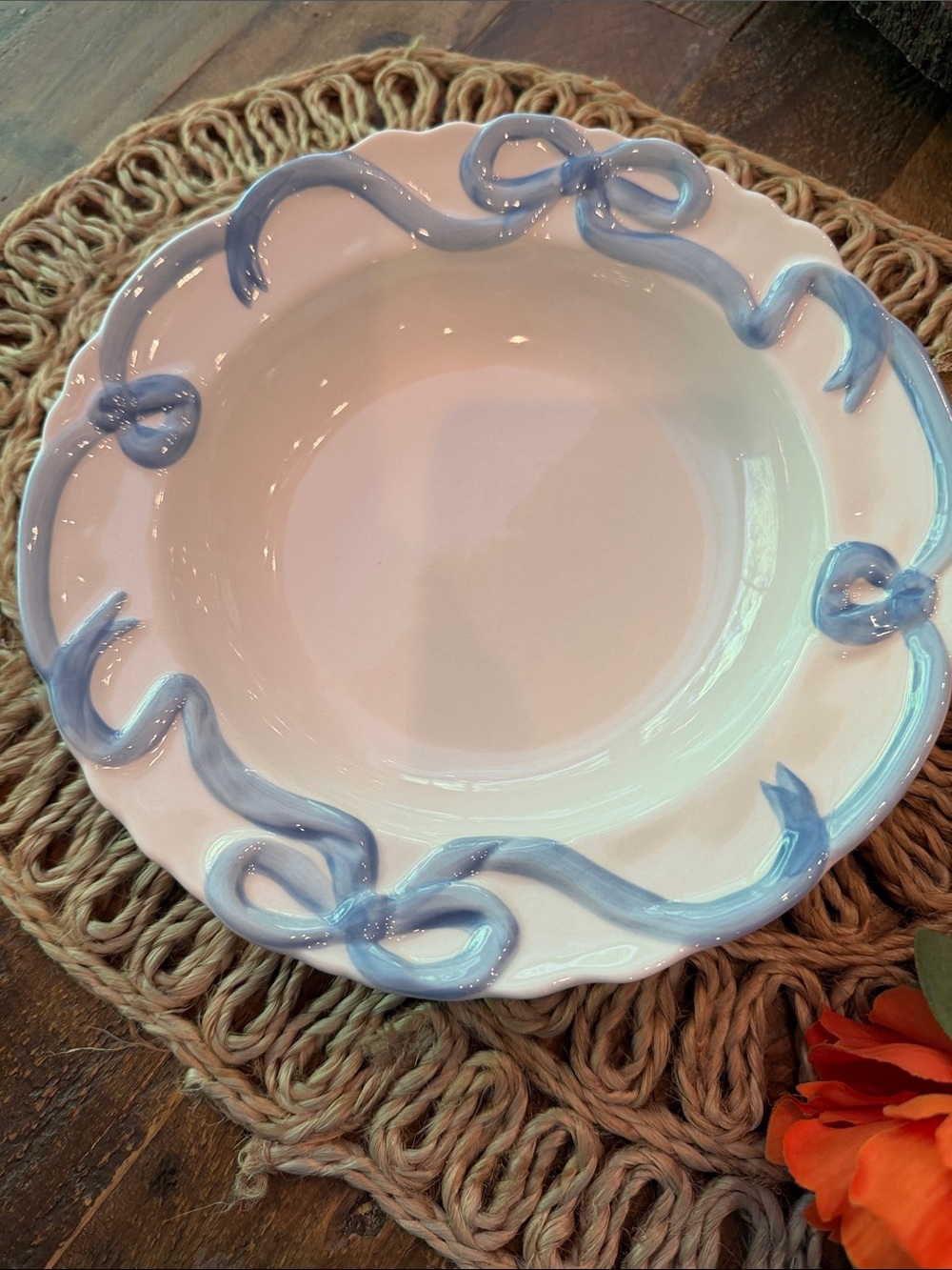 Anthro Ceramic Serving Bowl with Blue Ribbon Detail set of 4 benedita